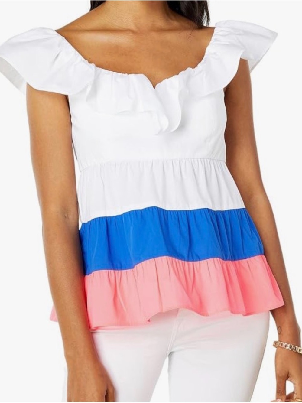 Lilly Pulitzer Emie Ruffled Top White, Blue & Pink